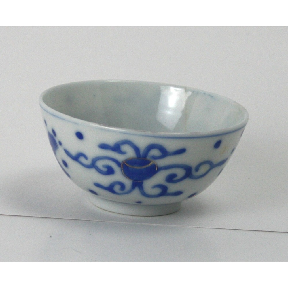 Vintage Blue and White Porcelain Tea Cup Hand Painted Scroll Design 3 Inch